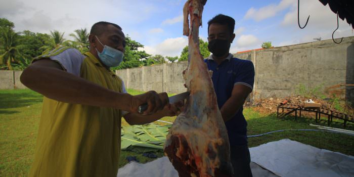 KURBAN: Panitia memotong daging sapi untuk dibagikan kepada warga dan karyawan, Rabu (21/7). Kalteng Pos menerima dua ekor sapi dari Bank Kalteng dan Gubernur Kalteng H Sugianto Sabran melalui Dinas PUPR untuk dikurbankan disalurkan. (FOTO: DENAR/ KALTENG POS)