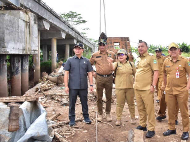 TINJAU: Anggota DPRD Kabupaten Kapuas, Eli Setiadi dan H Saferaniansyah bersama Wakil Bupati Kapuas Dodo, Sekretaris Daerah Kapuas Septedy dan Kepala Dinas PUPRPKP Kapuas Yan Hendrie Ale meninjau jembatan yang ambruk, Senin (24/2).