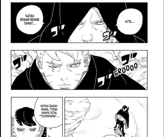 Panel manga Boruto Chapter 22 menampilkan Boruto dalam kondisi terpojok menghadapi Jura, dengan kalimat dramatis 'Sudah benar-benar tamat' dari Kashin Koji