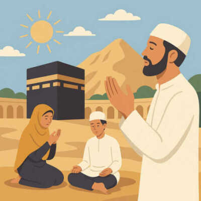 Ilustrasi umat Islam berdoa dan beribadah di depan Ka'bah dan Jabal Arafah pada Hari Arafah 2025, menggambarkan semangat puasa Arafah.