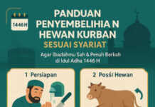 Infografis step-by-step tata cara penyembelihan hewan kurban sesuai syariat Islam untuk Idul Adha 1446 H, menampilkan ilustrasi persiapan, posisi hewan, proses penyembelihan, dan doa sunnah, dengan nuansa hijau toska dan emas bernuansa Islami.”