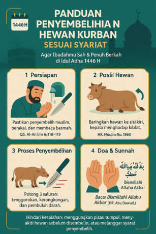 Infografis step-by-step tata cara penyembelihan hewan kurban sesuai syariat Islam untuk Idul Adha 1446 H, menampilkan ilustrasi persiapan, posisi hewan, proses penyembelihan, dan doa sunnah, dengan nuansa hijau toska dan emas bernuansa Islami.”