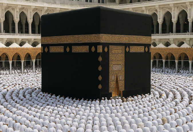 Jemaah Muslim melaksanakan salat Iduladha di sekitar Kakbah di Masjidil Haram, Makkah, Arab Saudi.