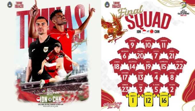 Daftar 23 pemain Timnas Indonesia yang diturunkan vs China. (Sumber: Instagram/@timnasindonesia)