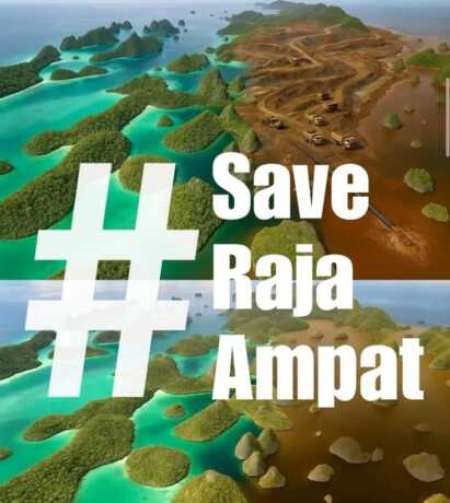 Simulasi visual dampak tambang nikel terhadap lingkungan Raja Ampat, dengan seruan #SaveRajaAmpat dari Greenpeace Indonesia.
