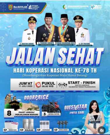 Pemprov Kalteng mengundang seluruh masyarakat untuk hadir dan berpartisipasi dalam kegiatan jalan sehat memperingati Hari Koperasi Nasional ke-78.